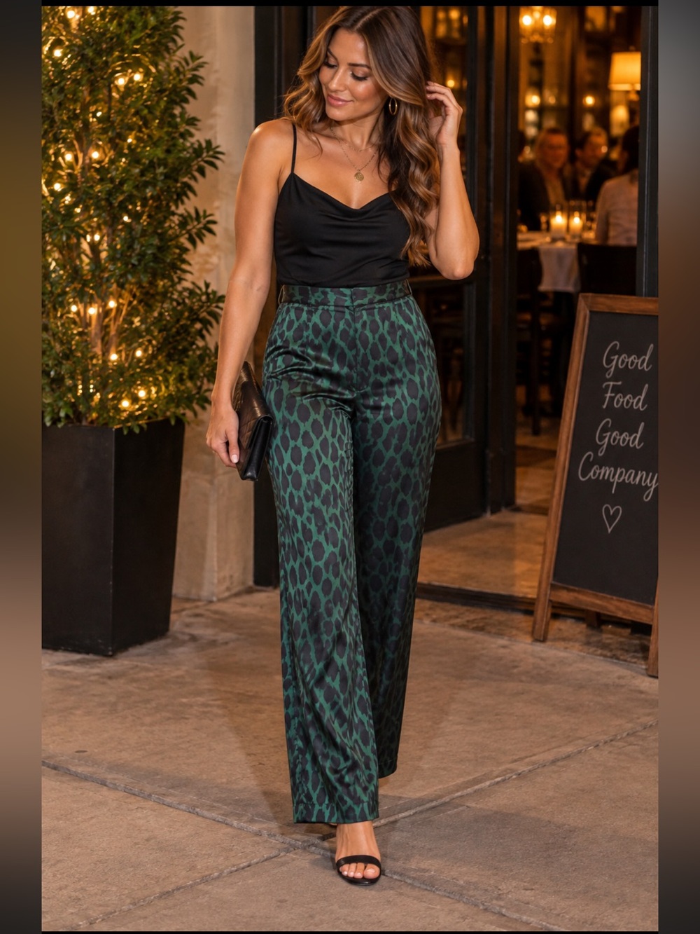 Caballero Cyan Green Black Leopard/Animal Print Satin HiRise Elegant Pants L